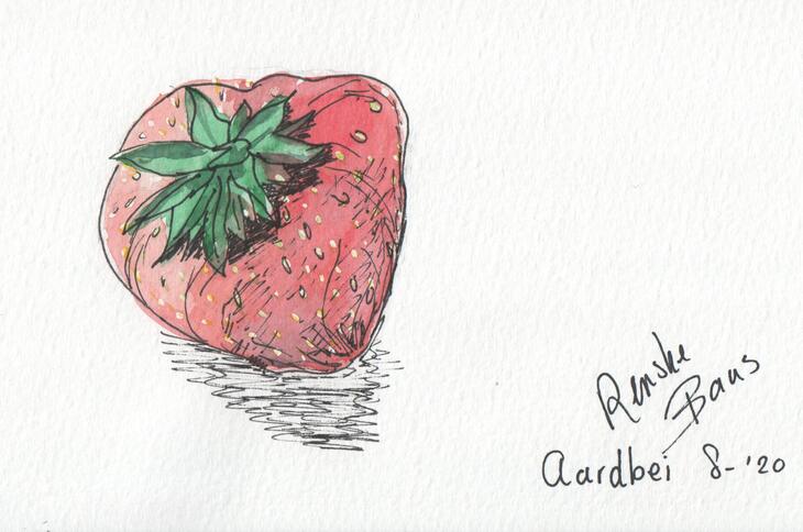 Aardbei (fineliner en waterverf in schetsboekje)