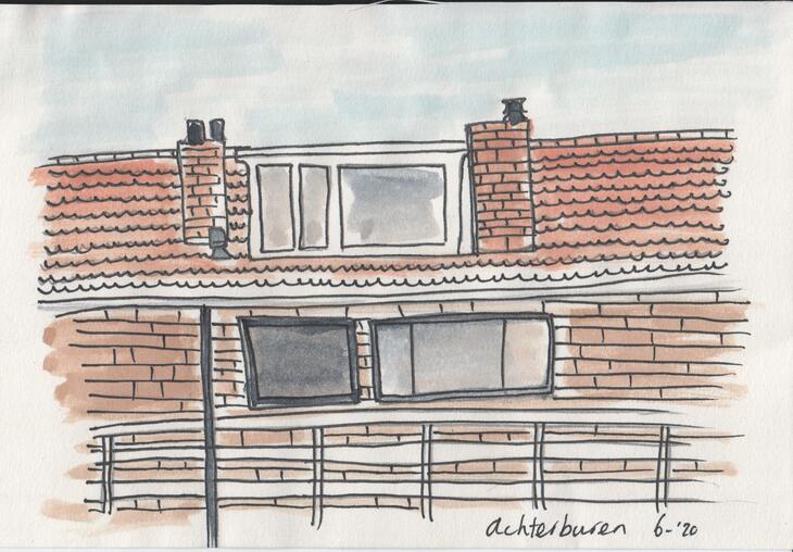 Achterburen vanuit de tuin - fineliner en waterverf in schetsboekje