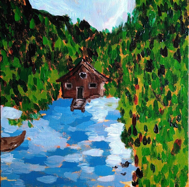 Impressionistisch-achtig huisje tussen bergen (acrylverf op papier)