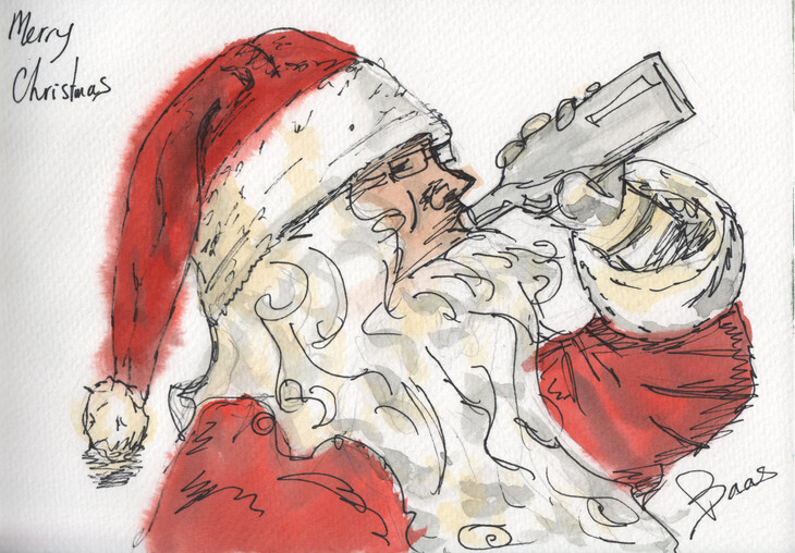 De kerstman lust er ook wel een of twee - fineliner en waterverf in schetsboekje