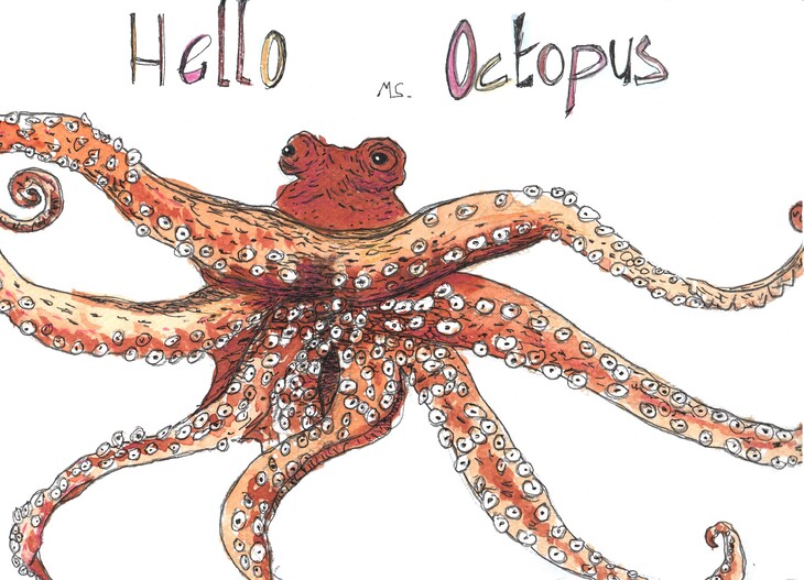 Oktopus (fineliner, waterverf en kleurpotlood)