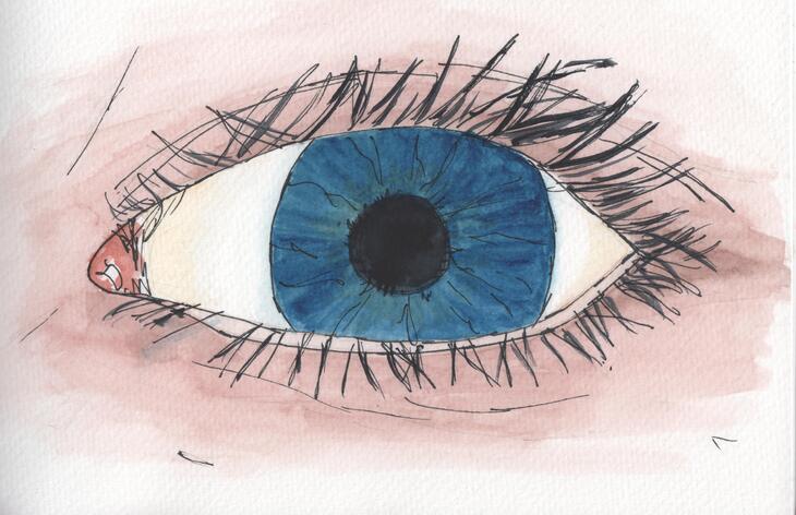 Een blauw oog (waterverf en fineliner in schetsboekje)