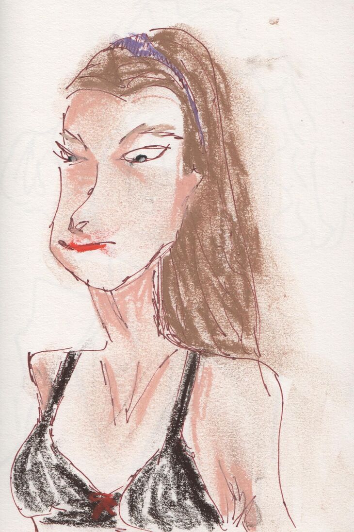 Portret 4 met eigen inkleuring (stift en krijt op papier)