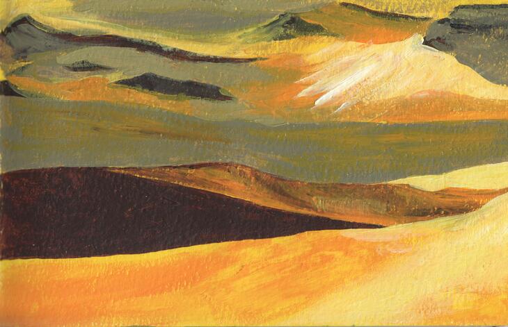 Gloeiend hete sahara (acrylverf op papier)