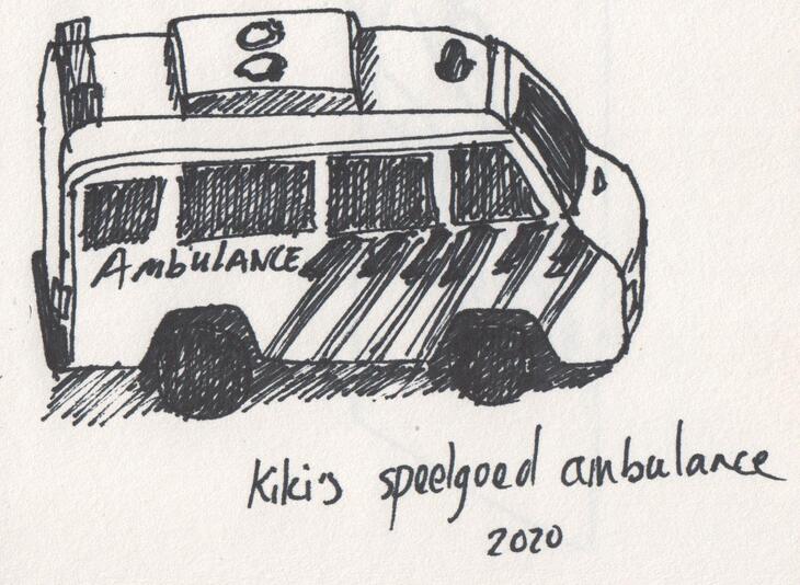 Speelgoed ambulance van mijn dochter (stift in schetsboekje)